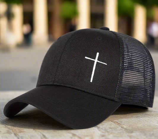 White Cross Black Trucker Hat